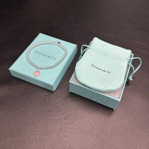 Tiffany Pink Heart Tag Bead Bracelet Silver, 17.5 cm